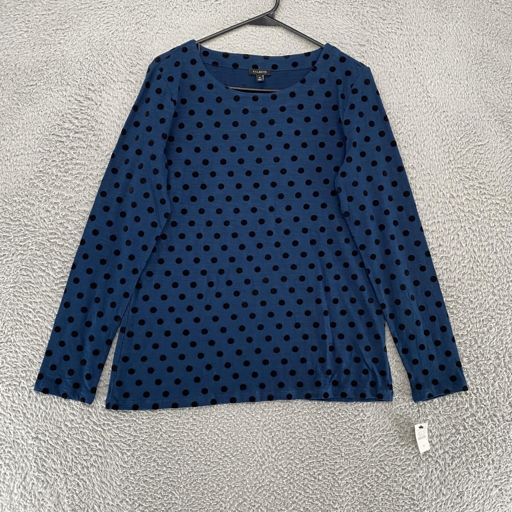 Talbots Polka‎ Dot Top Womens Medium Blue Long Sleeve Flocked Jersey T-Shirt